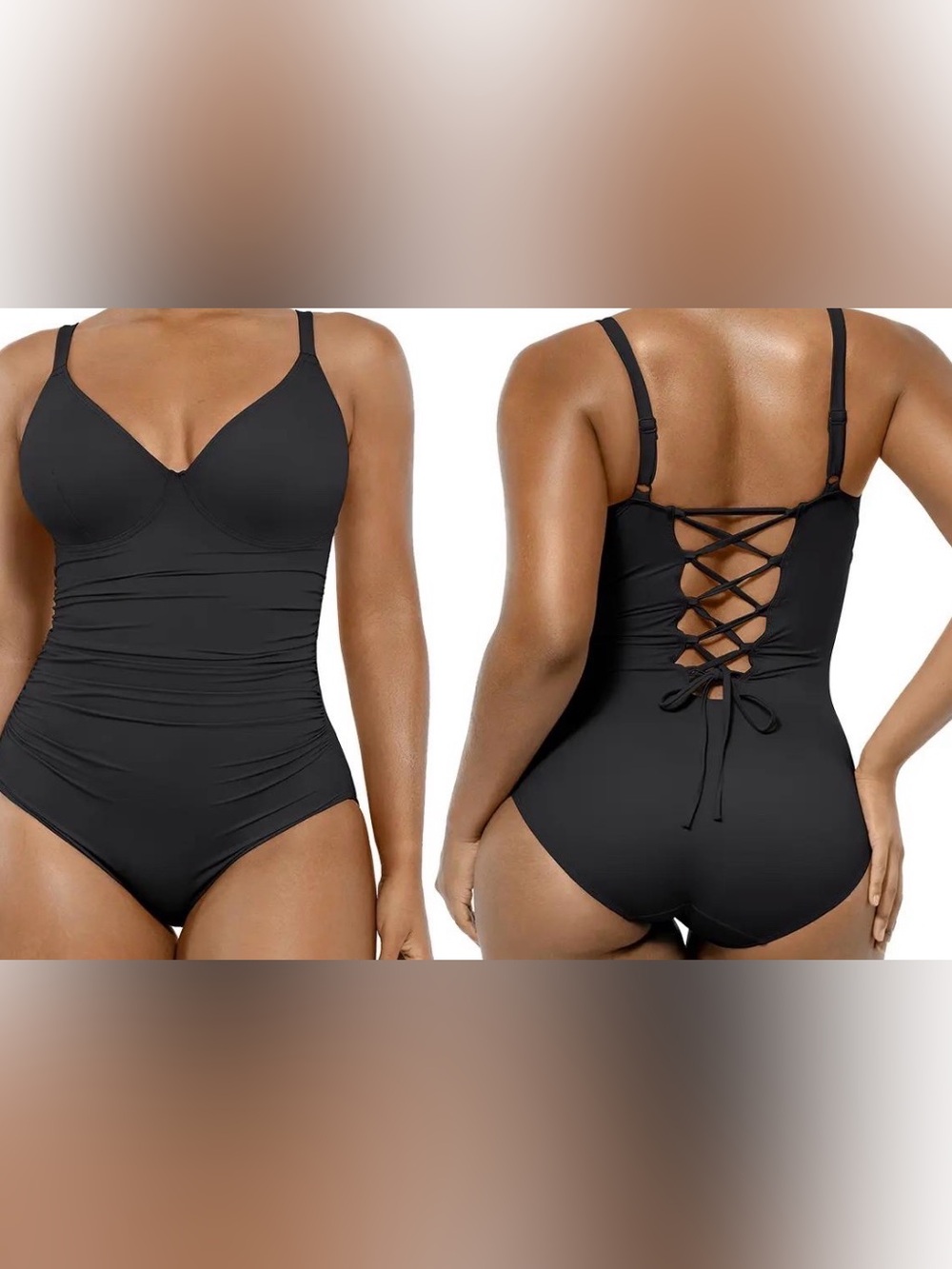 NEW Shapellx Black Ruched Lace-Up Back Shaping Swimsuit NWOT Size: XL